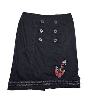 Living‎ Dead Souls Women's Black Button-Front Skirt Roses Anchor Embroidery  L